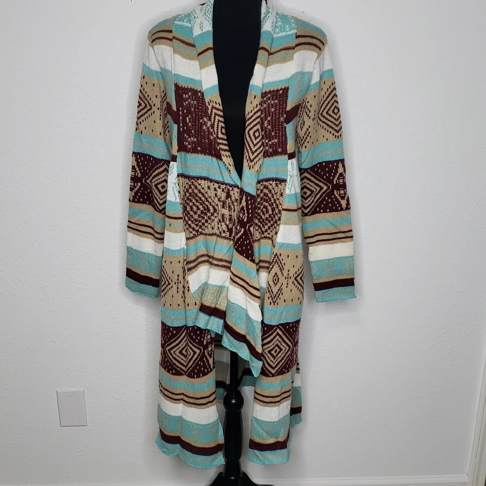 Love Cotton Knit Southwestern Asymmetric Long Line Open Front Cardigan Size M/L